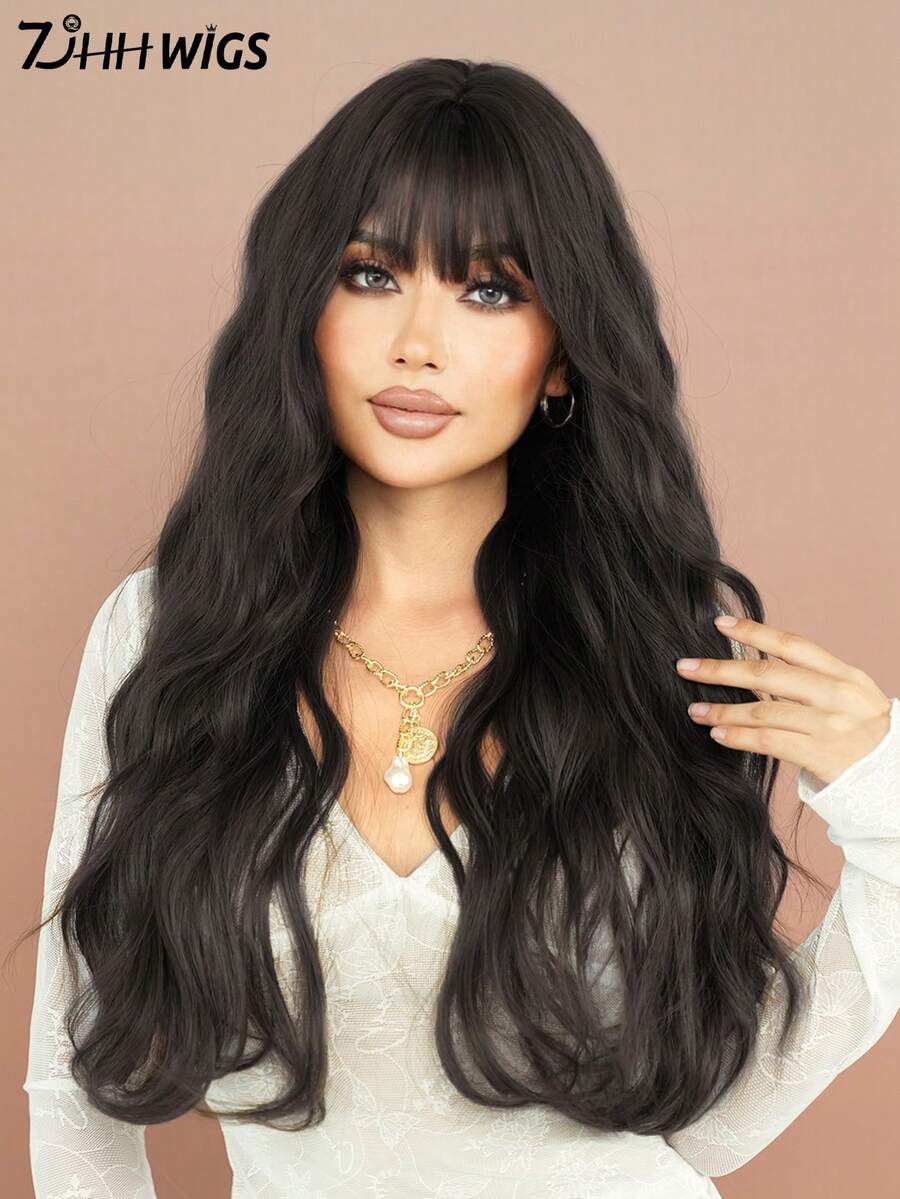 7JHH WIGS Stylish Black Wigs Extra Long Wavy Wig With Bangs, High Density Heat-Resistant Fiber Hair, Fluffy Natural Synthetic Wave Curly Wigs For Women Daily Party Use 28 Inch Wig Accessories - 自然黑 - 查看 1