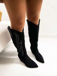 VIKIVIKI SHOES WOMEN'S SHOES: Cowboy-Style Knee-High Boots With A Pointed Toe And Mid-Heel, Featuring Decorative Details And A Side Zipper. Versatile Footwear To Pair With Dresses, Skirts, And Pants, Ideal For Creating Contemporary, Elegant Looks For A Variety Of Occasions. Estimated Delivery: 1-3 Business Days (Mainland) - 黑色 - 查看 7