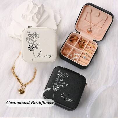 1pc Customized Birthday Flower & Name Women's Jewelry Box, Fashionable Personalized Leather Jewelry Organizer, Perfect Gift For Mother, Girlfriend, Anniversary, Mother's Day