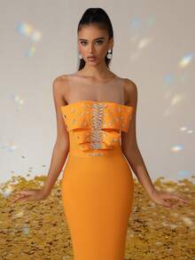 Elisanya LOVE Aing 女士手工水晶网布拼接宴会派对优雅奢华绷带连衣裙，橙色，性感礼服 - 橘色 - 查看 8