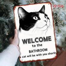 1 Piece Fun Welcome Sign - Black And White Cat Bathroom Decor With "Welcome To The Bathroom - The Cat Will Soon Be With You" - Rustic Red Border - Heavy Iron Wall Hanging (7.8x 11.8inch ) - Suitable For Home, Garden, Housewarming Gifts - Pet Lover Decor, Playful Cat Design, Distressed Effect, 2D Flat, Perfect Room Decoration - 混合 - 查看 1