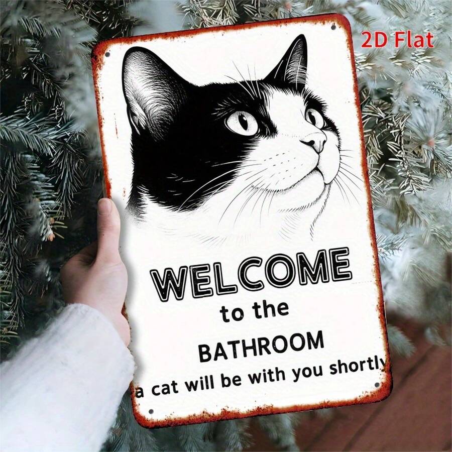 1 Piece Fun Welcome Sign - Black And White Cat Bathroom Decor With "Welcome To The Bathroom - The Cat Will Soon Be With You" - Rustic Red Border - Heavy Iron Wall Hanging (7.8x 11.8inch ) - Suitable For Home, Garden, Housewarming Gifts - Pet Lover Decor, Playful Cat Design, Distressed Effect, 2D Flat, Perfect Room Decoration - 混合 - 查看 1
