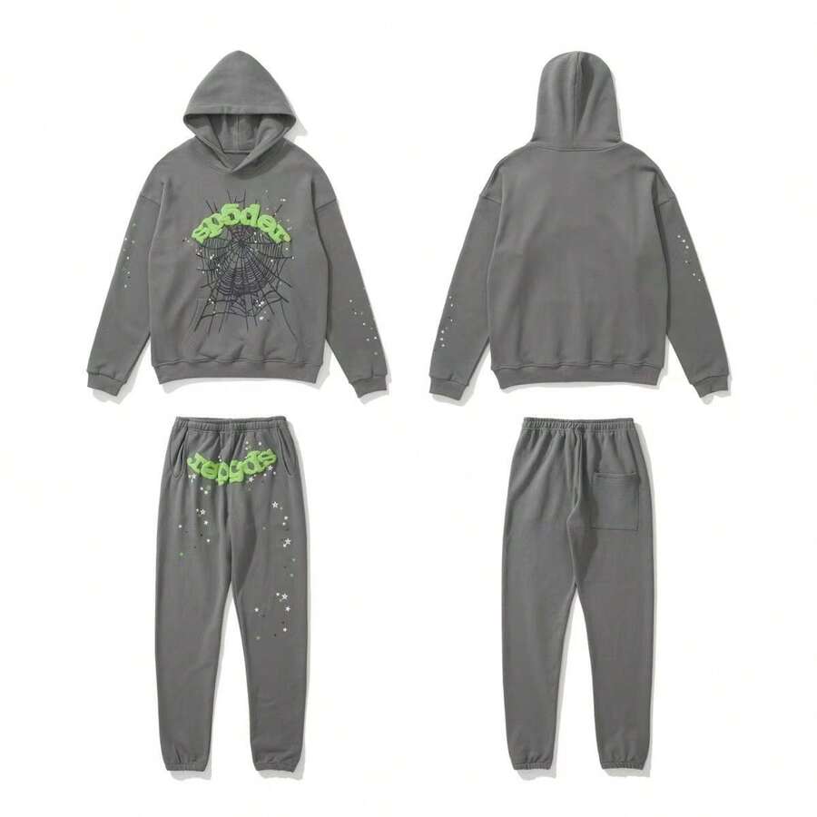 Sp5der 555555 Spider Web Foamed Printed Pure Cotton Hooded Sweatshirt Casual Long Pants Set For Autumn And Winter Men And Women  Letter  Cartoon    Casual    Pocket    Beach - 灰色 - 查看 1