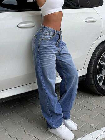 Jeans rectos y sueltos de estilo retro casual para mujer