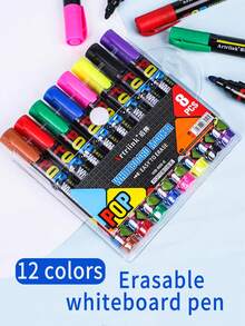 1pc 12 Colors/8 Colors Whiteboard Marker Pens, Large Capacity Refillable, Broad & Round Tip, For Teachers, Students, Drawing Boards, Writing