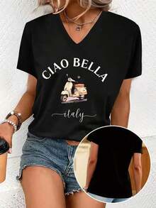 Womens Graphic Tees, Ciao Bella Italy Print, 100% Cotton V Neck Printed Summer Casual T Shirts Tops, Graphics Woman T - Shirts,  Casual Short Sleeve For Holiday Vacation Beach , Birthday Gift For Women, Summer Tops, Women Clothes Apparel, Streetwear Tee - 黑色 - 查看 5
