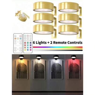  1/3/6 piezas Luces de pared inalámbricas RGB de metal, luces de imagen LED inalámbricas con batería, lámparas de pared, luces de hadas, lámparas de mesa, luces nocturnas, luces de lectura, con lámparas de pared/piso inalámbricas magnéticas - Temperatura de color ajustable, temporizador, control remoto y control de botón - Ideal para galería, escalera, pasillo, decoración de dormitorio, decoración interior, sala de estar, decoración de fiesta, decoración de cumpleaños, decoración del hogar, decoración de habitación, decoración navideña 150mAh Control remoto