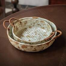 1pc 8"/10" Vintage Handmade Coarse Pottery Rope Handle Bowl, Retro Deep Plate, Housewarming Bowl, Fruit Bowl