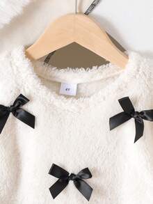 2pcs/Set Young Girls 3D Bowknot Plush Sweatshirt & Pleated Skirt Set, Spring Autumn