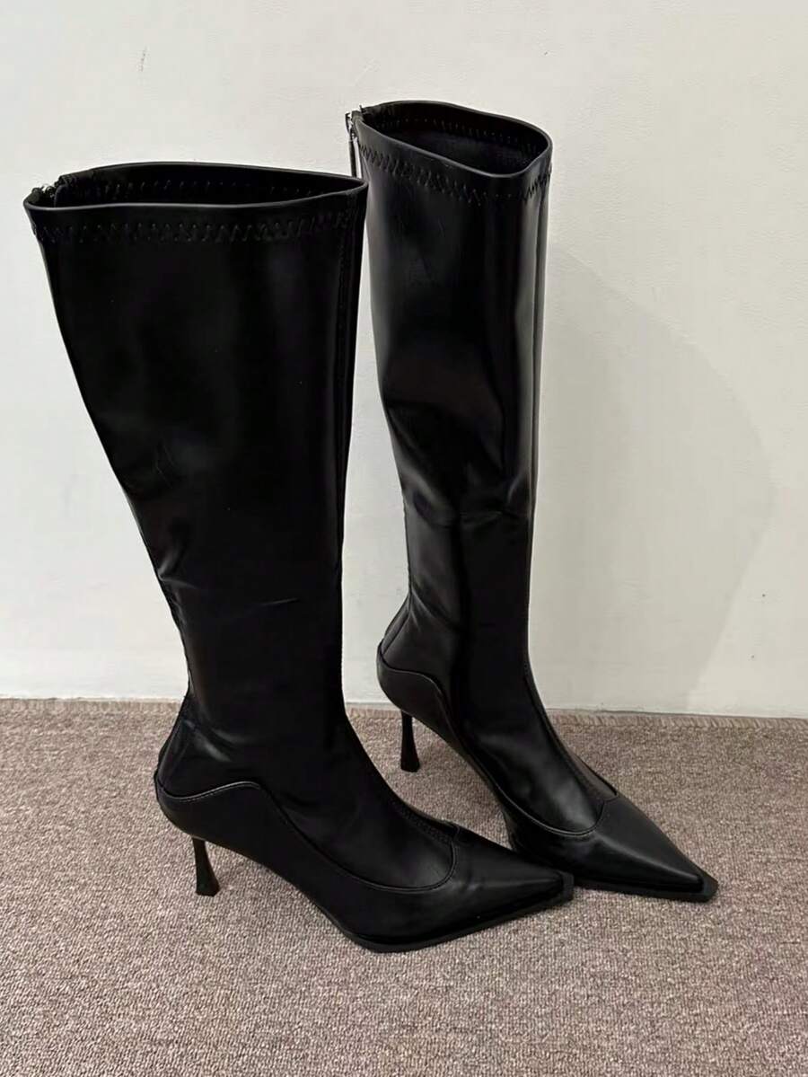 Giày bốt cao đến đầu gối dáng ôm, mũi nhọn phong cách Châu Âu & Mỹ dành cho nữ, bốt cao cổ gót mỏng, cổ cao, có khóa kéo phía sau, Thu/Đông 2025, Giày cao gót mèo con - màu đen - Xem 1