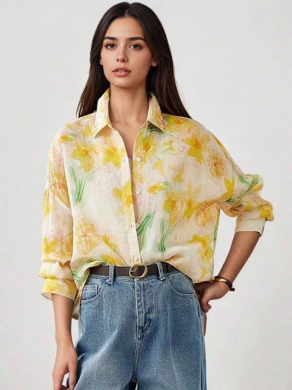 1 pieza Blusa de mujer para otoño, camisa casual y elegante de manga larga con diseño de estampado minimalista para uso diario