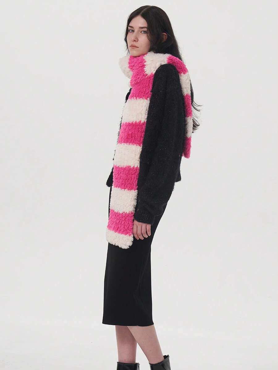 1 szt. damski, prążkowany, kontrastowy, miękki, puszysty szalik poliestrowy, codzienny, ciepły dodatek na jesień/zimę na świeżym powietrzu, codzienne zimowe szaliki damskie do dojazdów do pracy