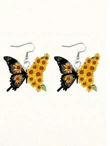 1 Pair Bohemian Style Elegant 2D Acrylic Sunflower & Butterfly Earrings With Iris Flower Hooks - Vibrant Yellow Sunflower And Orange Butterfly Design, Suitable For Daily Wear, Mother's Day Gift, Birthday, Holidays - Unique Gift Idea, Holiday Jewelry | Exquisite Craftsmanship - Multicolor - View 5