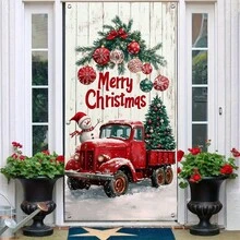 1pc 2D Christmas Door Banner - 180X90cm, Red Truck And Buffalo Plaid Design With Snowman, Holiday Home Decor, Christmas Decorations, No Power Required Room Decor Winter