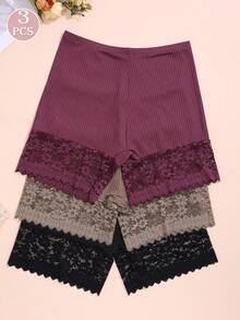 3 件套女士多色低腰内裤，优雅弹性波浪蕾丝拼布内裤 - 彩色 - 查看 3