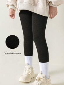 1pc Thermal Lined Solid Color Stirrup Tights For Kids, Warm And High Elasticity, Fit For Autumn/Winter, Can Be Worn As Pants - Black - View 9