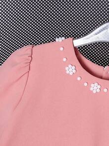 Girls' Pink Pearl Bowknot Dress, Sweet Pink Princess Dress With Pearl Collar + 3D Bowknot, Puff Sleeve Cute Style, Suitable For Birthday Party/Everyday Wear, Spring/Autumn/Winter - Red Violet - View 4