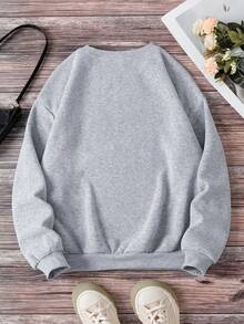 1件装女士休闲简约圣诞印花加厚圆领卫衣，温暖标语和雪人印花，蓬松舒适上衣 - 淺灰色 - 查看 5