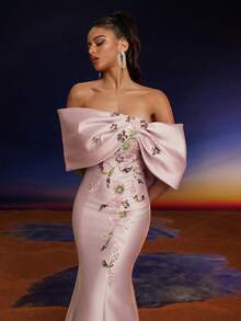 Anymoon Luxury Off Shoulder Sequin Floral Applique Mermaid Long Evening Dress - Bụi hồng - Xem 6