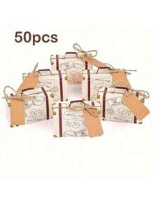 50 قطعة/عبوة صندوق هدايا بشكل حقيبة صغيرة، من الورق الكرافت البني المنقوش بالوسم والحبل، مناسب لحفلات السفر، أعياد الزفاف والحمام، حفلات الأعياد، احتفالات الذكرى