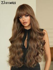 7JHH WIGS Brown Highlight Wigs Loose Extra Long Wavy Wigs For Women, Synthetic Wave Curly Wig With Bangs, Silky Soft Heat Resistant Fiber Hair For Daily Wear, Music Festivals Celebrations Party Use 30 Inch - 亞麻棕 - 查看 4