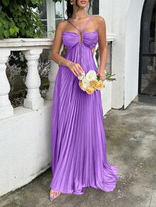 Summer Solid Purple Strapless Ruched Backless Dress | Bohemian Elegant Sexy, Suitable For Date Night, Party And Valentine's Day - Purple - View 3