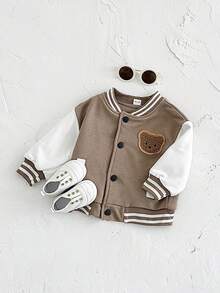 Newborn Baby Boys/Girls Thick Bear Embroidered Brown Baseball Jacket, Warm & Windproof For Autumn/Winter - Brown - View 8