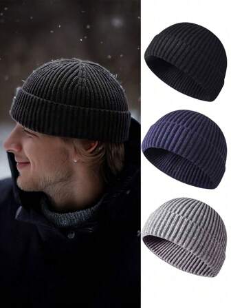 1pc Unisex Knitted Beanie Hat, Fashionable Minimalist Warm Brimless Cap, Solid Color Autumn/Winter Knit Hat, Suitable For Autumn Outfit