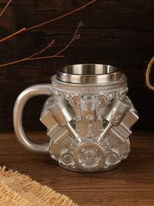 1pc V6/V8 Engine Design Stainless Steel Mug, Resin Exterior With Stainless Steel Inner Layer, Functional Mug With Insulated Handle, Personalized Coffee Cup Ideal For Car Enthusiasts, Men's Travel Mug, Decorative Cup For Living Room, Halloween & Christmas Gift - Silver - View 4