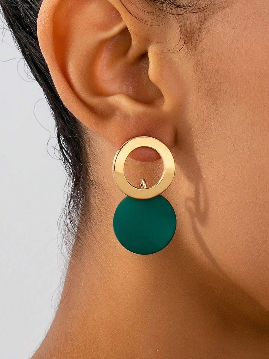 1 Pair Women's Stud Earrings, Simple Elegant Wave-Shaped Round Pendant Earrings, Suitable For Daily Wear And Gifting - Green - View 1