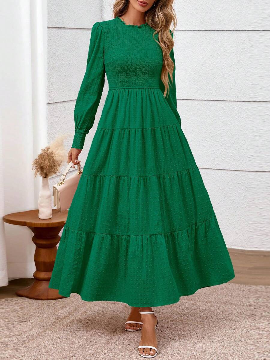 Women's Long Sleeve Maxi Dresses Fall Casual Smocked Trim Neck Swiss Dot Tiered Flowy Wedding Guest Dress - 深綠 - 查看 1