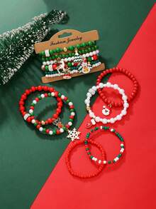 6 Pcs/Set Fashionable Christmas Bracelet, Encrusted With Pearls, Resin, Christmas Tree, Snowflake, And Snowman Pendants, Handmade Beaded Bracelet Set, Suitable For Women's Daily Wear, Holiday Parties, And Gifts.