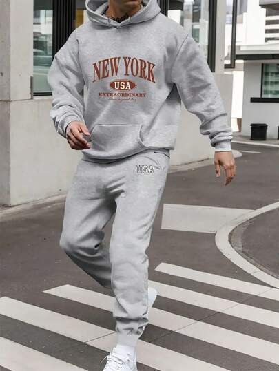 New York USA Sudadera y pantalones deportivos para hombre, conjunto de sudadera y pantalones informales, ajuste holgado, manga larga, detalle de bolsillo, tejido de punto, poliéster, colección otoño/invierno