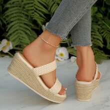 Womens High Heel Open Toe Wedge Sandals Slip On Comfortable Espadrilles Braided Straps Dressy Summer - 米色 - 查看 6