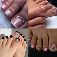 4 Boxes (96 Pieces) | Short Rounded Square Patch False Nail Set - Women's Full Coverage Nail Art, Pink Flower Glitter Pedicure Design - 混合色 - 查看 2