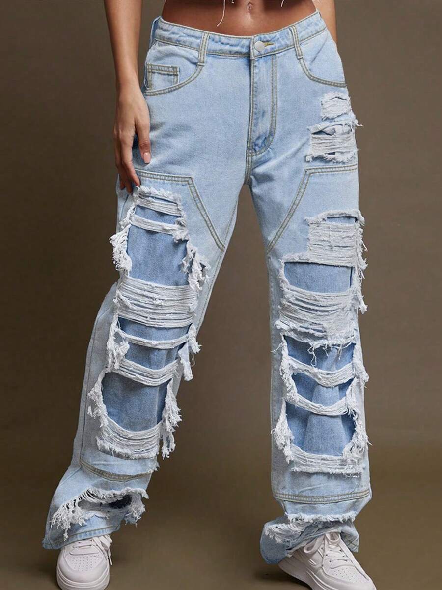 Women's Custom Double Layer Ripped Street Straight Jeans - 淺色水洗藍 - 查看 1