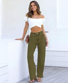 Jeans High Waisted Straight Leg Loose Jeanshalloween - Army Green - View 11