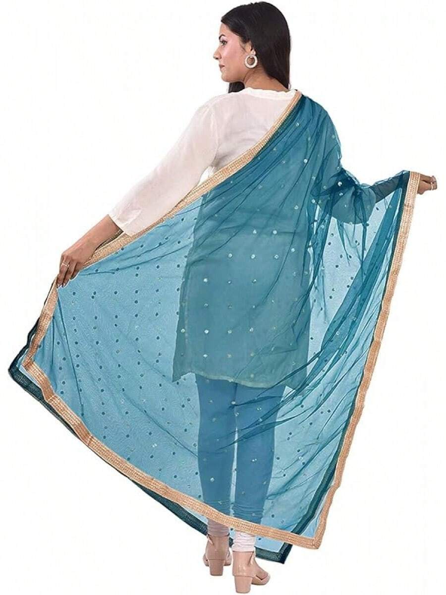 Woman's Embellished Net Dupatta Scarf Shawl Wrap Soft Bridal Wedding - Teal Blue - View 1