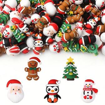 5/10 件什锦圣诞老人、驯鹿、树、企鹅 - 红色、绿色、金色节日色彩 - 手工硅胶珠，适用于 DIY 珠宝、装饰品、笔链、钥匙扣 - 完美的圣诞礼物和派对装饰，节日创意设计，耐用材料，工艺用品，很棒的礼物
