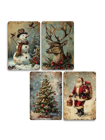 1pc, Christmas Metal Tin Sign, Retro Santa Sign, Funny Santa Claus & Snowman & Reindeer & Christmas Tree Tinplate, Wall Decor For Home Living Room Bedroom Garage Man Cave Kitchen Bar Pub Office Street Porch Yard, Holiday Decor, Happy Christmas Wall Plaque, Christmas Decor Gifts, Home Decor, Vintage Christmas Poster With Santa, Snowman, Reindeer, 8x12inch