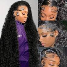 NATAN 36英寸长深卷曲巴西人发混纺无胶假发,13x4高清蕾丝前额假发,湿润波浪蕾丝前额假发,预先拔毛的人发蕾丝前额假发,180%浓密密度真发 - 自然色&黑色系 - 查看 4