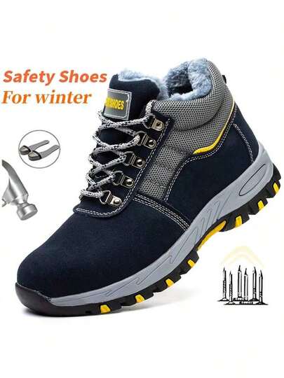Men's High-Top Winter Boots, Steel Toe Safety Boots, Work Shoes, Men's Anti-Puncture Work Boots, Thick Warm Safety Shoes
