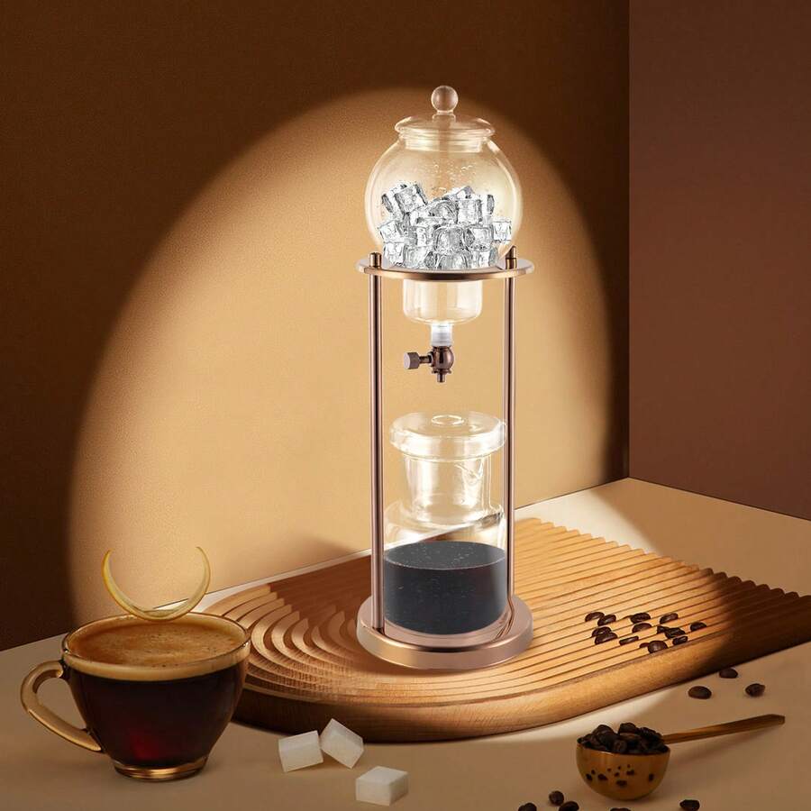 600ml Luxury Ice Cold Brew Dripper Coffee Maker In Stainless Steel And Borosilicate Glass, Gold Coffee Maker For 6-8 People, Quick Brew Drip Coffee Maker For Café Home And Office, Iced Coffee Cold Brew Drip Tower Coffee Maker, Ice Coffee Machine, Cold Brew Dripper Iced Coffee Brewer Maker - Vàng - Xem 1