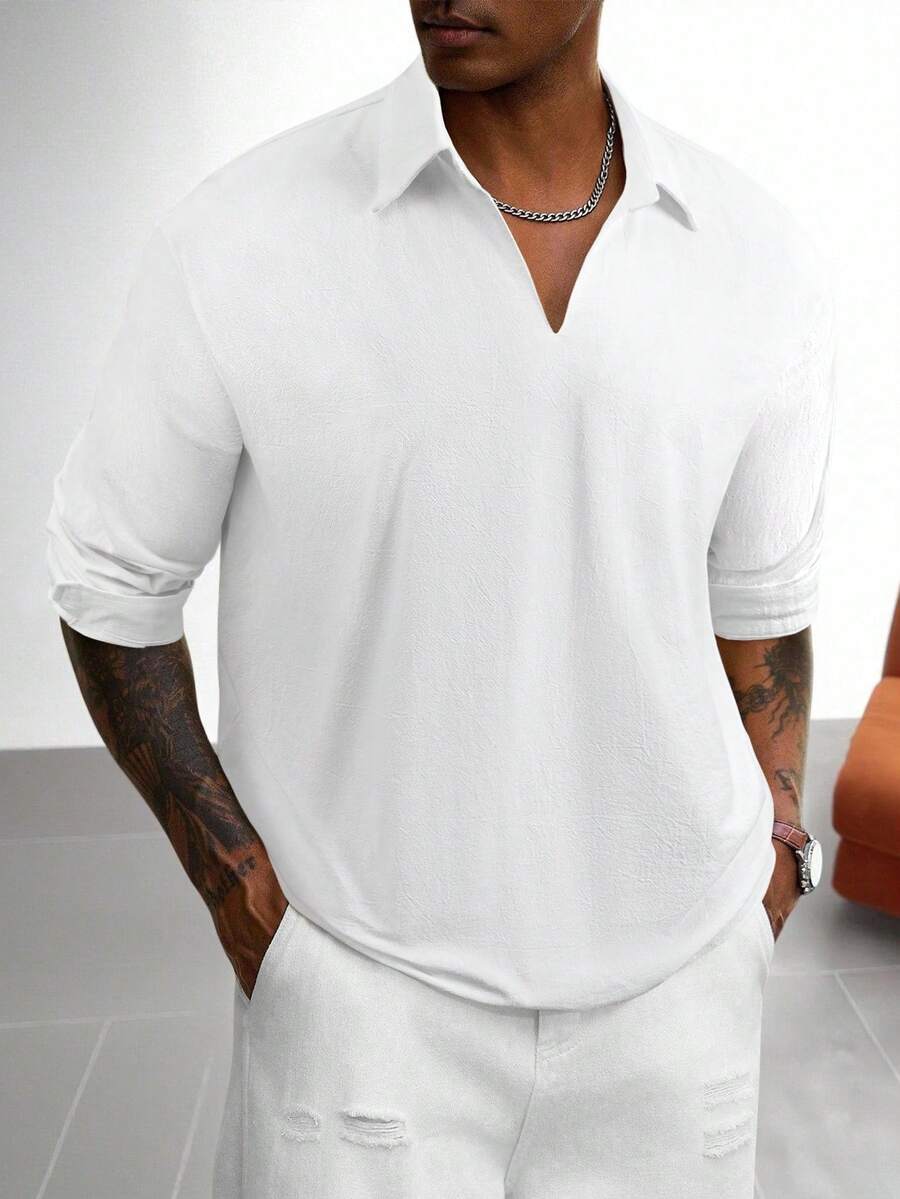 男士柔软亚麻棉套头衫，复古宽松透气V领Polo衫/休闲上衣，适合海滩、约会、休闲穿着 | 送给丈夫的完美礼物，秋季必备，长袖上衣 - 白色 - 查看 1