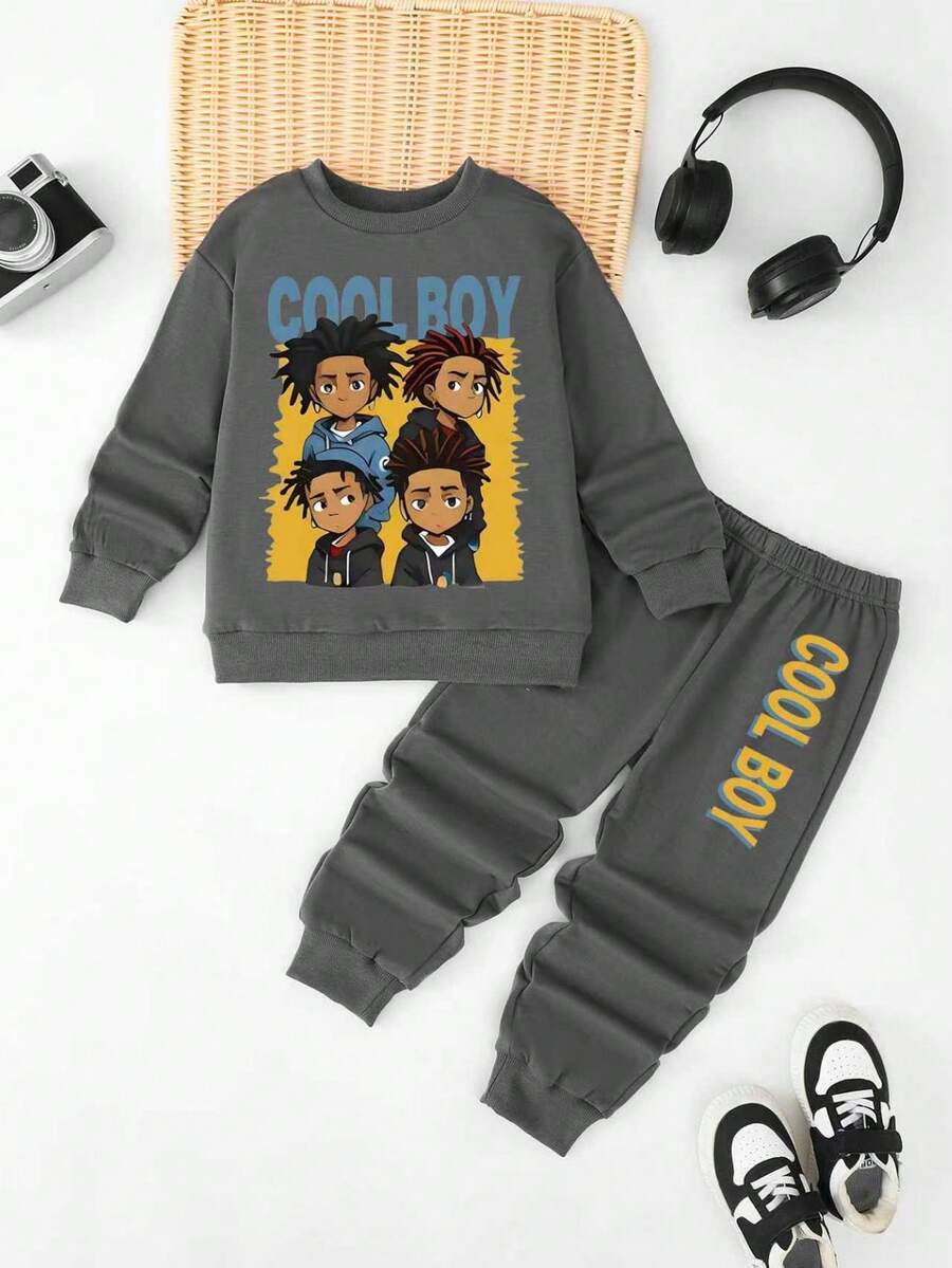 مجموعة بنطلون وبلوزة رياضية بطباعة كرتونية "COOL BOY" للأولاد، مناسبة للربيع/الخريف، 2 قطعة - رمادي - مشاهدة 1