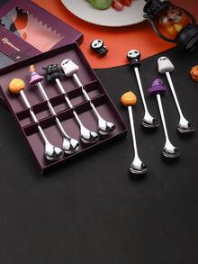 1pc/6pcs Stainless Steel Spoons, Halloween Coffee Stirring Spoons, Dessert Spoons, Cutlery Set