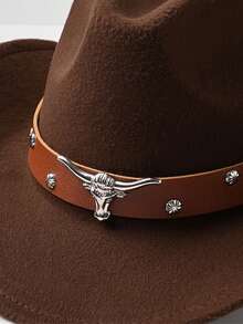 1pc Unisex Polyester Western Cowboy Hat, A Retro-Style Hat Suitable For Both Men And Women, With A Brown Belt And Bull Head Chain, Perfect For Casual Wear And Western Cowboy Parties - Brown Leather Bull Head Round Rivet Hat - View 3