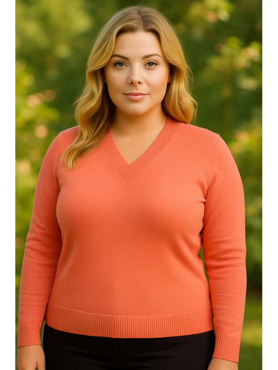 JEWELRY KNITS Women's Plus Size Cold Weather Blouse | Plus Size Elastane Blouse | Basic Plus Size - 珊瑚橙 - 查看 1