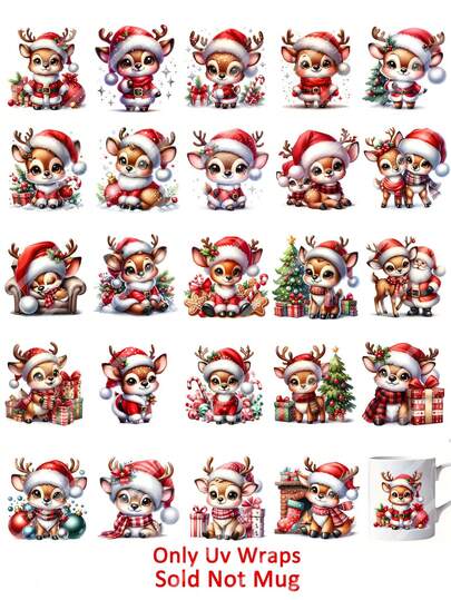 4 张圣诞节可爱驯鹿麋鹿礼物 24 种图案 DIY UV DTF 可擦转印贴纸 工艺品、垃圾日记本、玻璃杯罐、咖啡杯杯套装饰、瓶子花瓶、笔记本电脑手机壳、贺卡贴花贴纸、插图、剪贴簿、圣诞节装饰转印贴纸、派对家居装饰