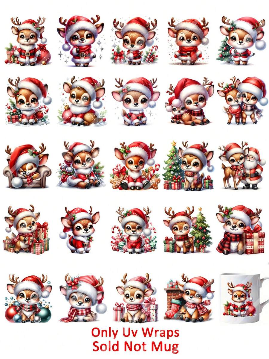 4 hojas de pegatinas de transferencia por frotamiento UV DIY con 24 patrones lindos de renos, ciervos y alces para regalos, diarios, tumblers, tazas de café, botellas, jarrones, laptops, fundas de teléfonos, tarjetas de felicitación, ilustraciones, scrapbooking, adornos navideños y decoración del hogar para fiestas